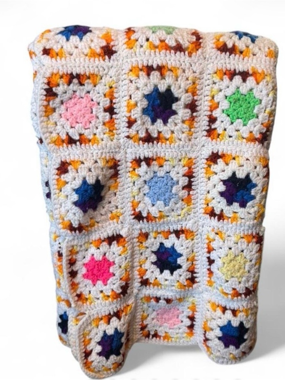 Handmade Multicolor Crochet Granny Square Quilt Throw - White Accent